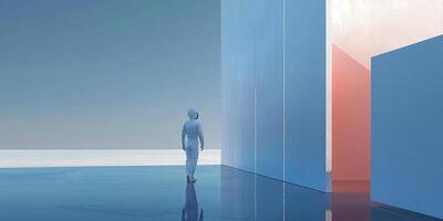 Astronaut explores a minimalist, surreal landscape with geometric shapes and pastel hues, creating a sense of wonder and isolation. photo