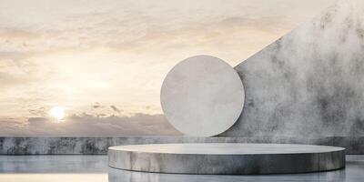 Minimalist concrete platform at sunrise, showcasing a serene aesthetic with a round backdrop for display in a natural light setting. photo