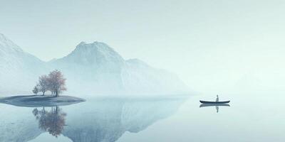 Serene landscape with a solitary figure in a boat, set against a backdrop of misty mountains and mirrored reflections on calm waters. photo