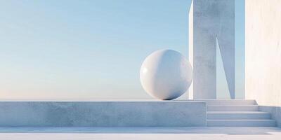 Minimalist architectural scene featuring a spherical sculpture against a clear blue sky. Clean, modern aesthetics with geometric forms. photo