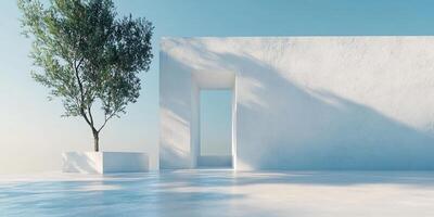Minimalist outdoor space with tree, white walls, and bright sky evokes serenity and modern design. Shadows add depth, enhancing the scene's peaceful mood. photo