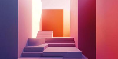 Minimalist geometric architecture featuring stairs and walls in a blend of pastel and gradient colors, creating a vibrant, abstract design. photo
