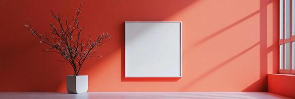 Minimalist room featuring a blank square frame, a potted plant, a light orange wall, and window light patterns on the adjacent wall. photo