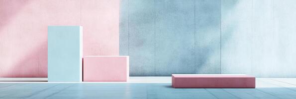 Geometric shapes in pastel tones create a minimalist, calming display against a textured backdrop. Ideal for product staging and showcasing. photo
