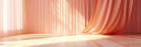 Soft light filters into a room, highlighting the gentle curves of a peach-colored curtain, creating a serene and inviting atmosphere. photo
