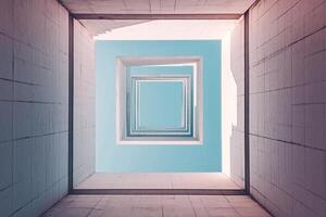 A striking architectural image of nested square structures reaching towards a tranquil blue sky, showcasing geometric patterns and depth. photo