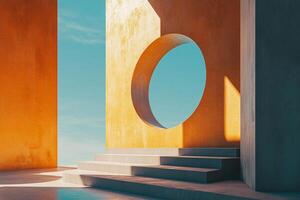 Abstract architecture featuring a circular opening and minimal design against a vibrant blue sky. Artistic and serene aesthetic. photo