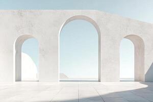 Minimalist architecture featuring clean white arches framing a tranquil sky, casting soft shadows on a sunlit stone floor, creating serenity. photo