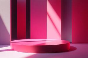 A pink product podium or display stand in a studio setting with soft shadows and geometric elements provides a modern background. photo