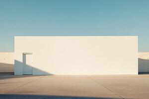Minimalist architecture featuring a pristine white wall with a single door against a clear blue sky. Clean lines and simple shapes dominate. photo