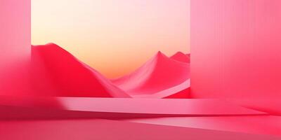 Minimalistic studio setup with pink foreground elements, showcasing pink dunes under a gradient orange sky. Great for background visuals. photo