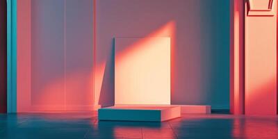 Minimalist presentation with a platform and a large card against a background of contrasting pink and blue with soft, warm lighting. photo