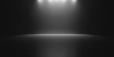 A stark, minimalist image of an empty room with a dark floor, dark walls, and a few bright lights shining down from above. Eerie and serene. photo