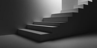 Monochrome staircase ascends in shadow and light, creating a minimalist and modern architectural composition, hinting at ascension, mystery and progression. photo