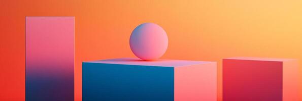 Geometric composition showcasing a sphere atop a cuboid, accompanied by a block, set against a gradient background. Minimalist and vibrant. photo