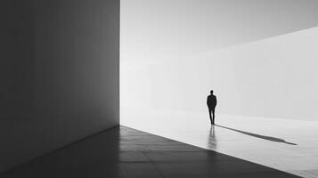 Lone figure walking in an expansive, bright, minimalist architectural space. Stark shadows highlight the vastness and solitude of the environment. photo
