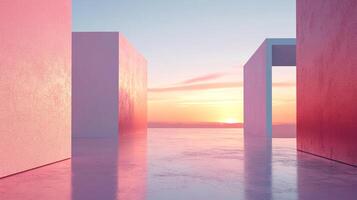Abstract architectural scene featuring geometric forms and a serene sunset, evoking a sense of calm and contemplation in soft pastel tones. photo