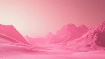 Vibrant pink landscape with rolling hills and mountains under a soft, ethereal sky, creating a dreamy and surreal atmosphere. photo