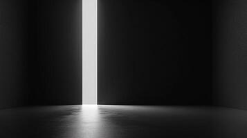 A minimalist photograph featuring a single, bright vertical slit of light in an otherwise dark, seemingly empty room. Very stark and simple. photo