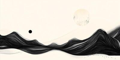 Abstract monochromatic landscape with flowing mountains under the moon and a dark planet, created using ink lines and washes. photo