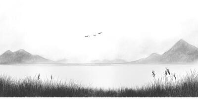 Monochromatic landscape art featuring mountains, water, and birds in flight for serene artistic vibes. Serenity at dawn, artistic vista. photo