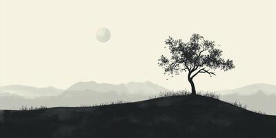 A solitary tree stands silhouetted against a mountain range under a soft moon, evoking a sense of calm and peaceful contemplation. photo