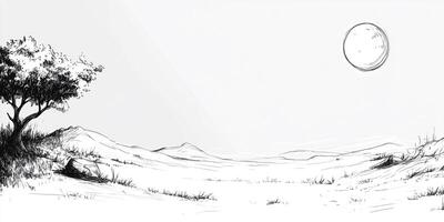 Monochromatic landscape with lone tree, rolling hills, and a distant sun, rendered in a sketch style evoking quiet solitude. photo