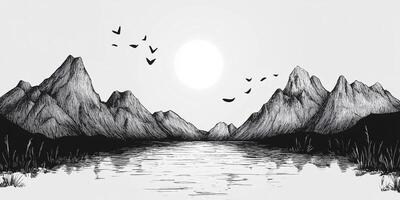 Serene mountain range reflected in calm waters, with birds flying in the sky above a scenic black-and-white landscape. photo