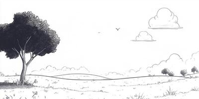 Sketch of an open field with a large tree and a few clouds in the sky, evoking a peaceful and simple nature scene. photo
