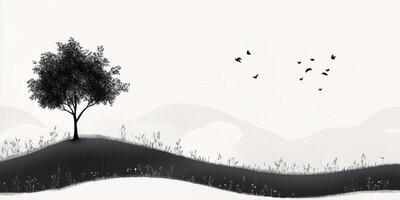 Serene monochrome scenery featuring a solitary tree atop a hill with birds in flight against soft mountain background. Calm nature art piece. photo