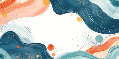 Abstract watercolor art featuring wavy lines and circles in shades of blue, orange, and yellow against a clean white backdrop, simple design. photo