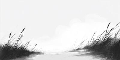 Minimalist monochrome landscape featuring tall grass silhouetted against a bright, almost ethereal sky. Serene and calming scene. photo