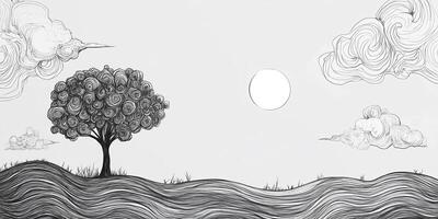 Stylized landscape with a whimsical tree, undulating ground, and swirling clouds under a serene sky with a bright circular moon. photo