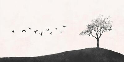 Minimalist landscape of a lone tree on a hilltop, with a flock of birds taking flight into a bright, serene sky. Simplistic freedom. photo