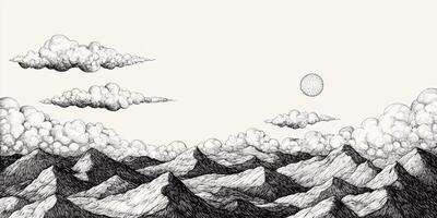 Pen and ink drawing of a mountain range under a sky filled with clouds and a bright sun, evocative of a peaceful, natural landscape. photo