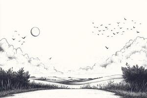Peaceful landscape scene with moon, clouds, birds, and a path leading into the distance in pen and ink drawing style. photo