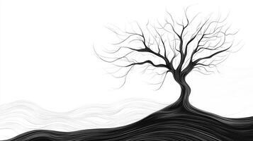 Stylized monochrome image of a bare tree with roots transforming into wave patterns against a clean white backdrop, creating stark contrast. photo