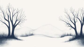 Serene landscape with bare trees and soft rolling hills, evoking a sense of peace and stillness in a simple, monochrome palette. photo