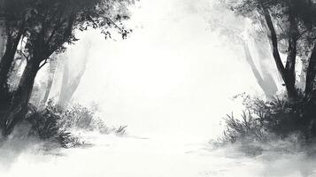 Monochrome painting of a path disappearing into mist, framed by silhouetted trees and foliage, evokes a sense of mystery and tranquility. photo