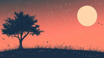 Silhouette of a tree at night under a bright moon and starry sky with grassland in the foreground creates a serene, tranquil nature scene. photo