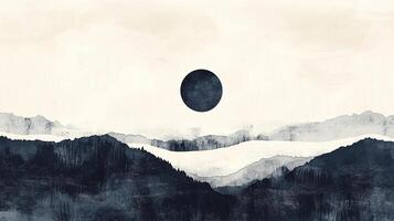 Serene mountain landscape with a dark moon-like orb floating above. Tranquil scene evoking calm and mystery. Forest meets sky. photo