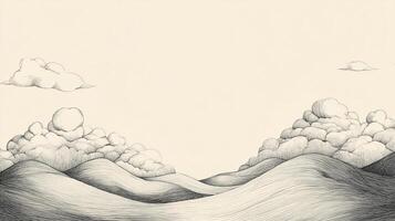 Elegant landscape illustration with rolling hills and fluffy clouds against a light background. Calming, minimalist, atmospheric art. photo