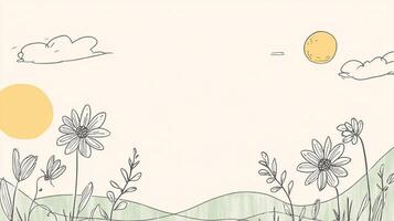 A serene hand-drawn illustration of a sunny meadow with wildflowers, clouds, and gentle rolling hills under a warm sky. photo