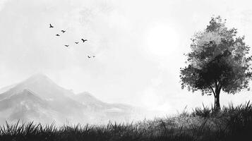 Monochromatic landscape featuring a solitary tree, distant mountains, flying birds, and a bright sun, creating a serene ambiance. photo