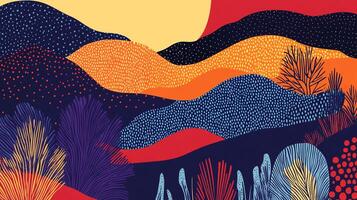 Abstract landscape with hills and colorful trees, dotted patterns, and a warm sunset creating a serene and artistic scene. photo