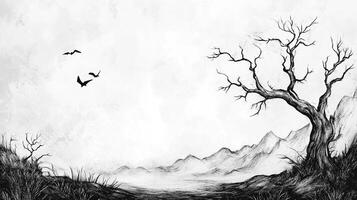 Ink drawing of a barren landscape. A large tree in the foreground with mountains in the background and birds flying overhead. photo