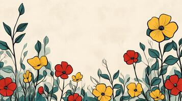 A whimsical illustration of red and yellow flowers with teal leaves against a neutral backdrop, evoking a sense of spring. photo