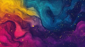 Colorful abstract artwork with fluid lines and scattered sparkling particles, reminiscent of a cosmic swirl and nebula formation. photo