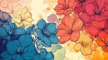 A vibrant floral arrangement with layered colors and delicate linework, evoking spring in full bloom. Great for cards and decorative pieces. photo