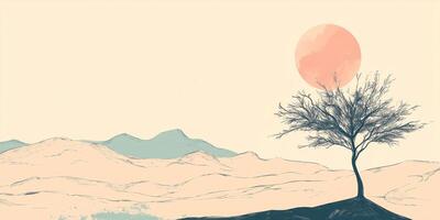 Minimalist landscape art with a bare tree silhouetted against a peach sun and rolling hills, creating a serene and artistic scenery. photo